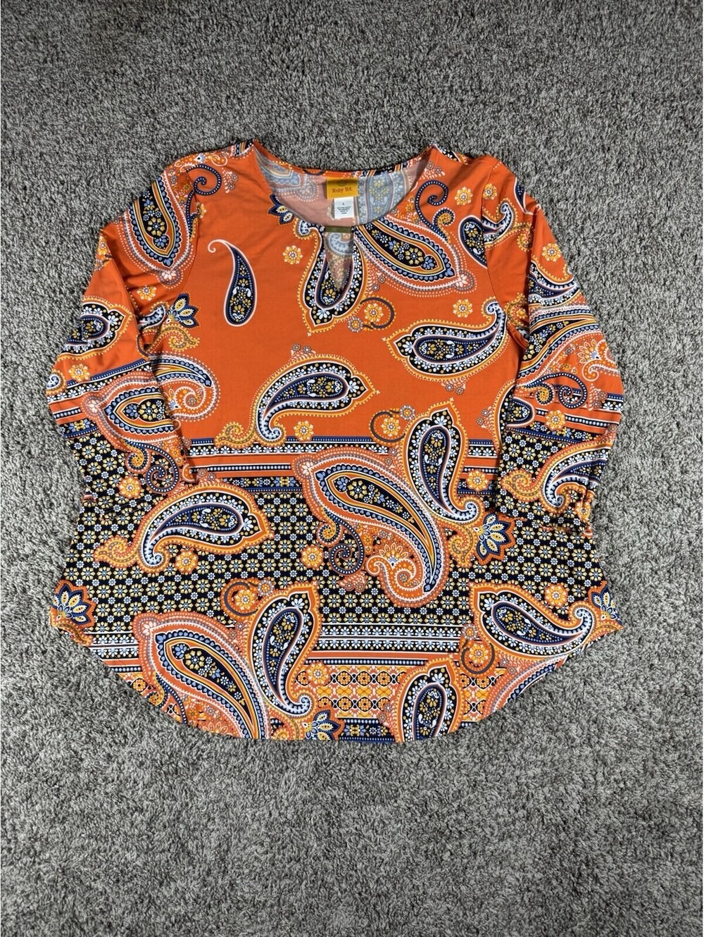 Ruby Rd. Womens Tunic Top Blouse Size L Orange Blue Crew Neck